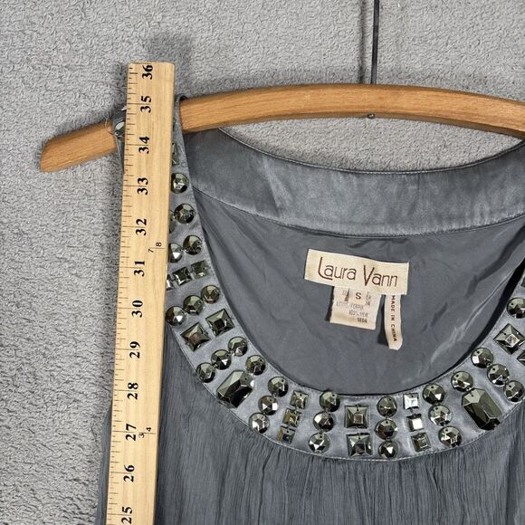 Laura Vann Women’s Size S Silk Gray Mini Dress Micro Pleat Layered Chiffon Jewel - Picture 8 of 16